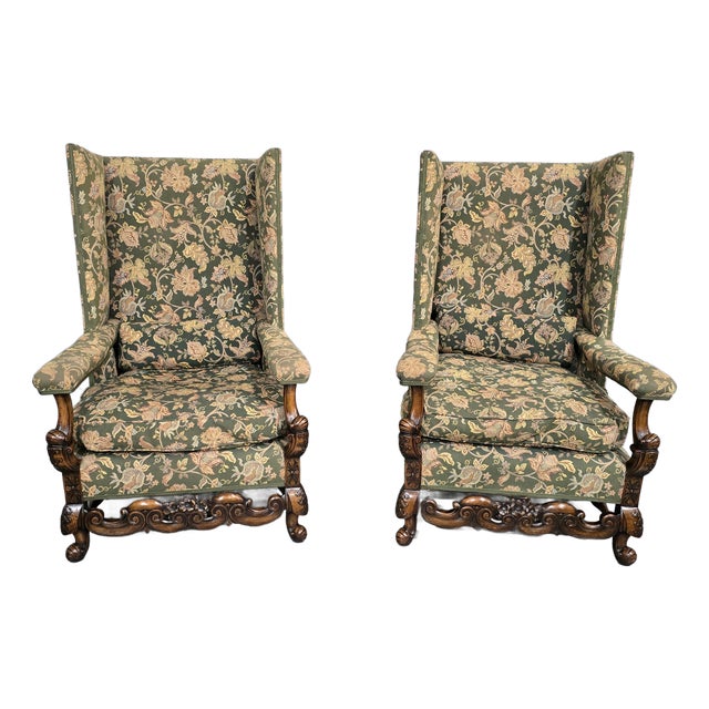 Set of Jacobean Walnut Wing Library Armchairs, 1910 For Sale