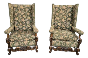 Set of Jacobean Walnut Wing Library Armchairs, 1910