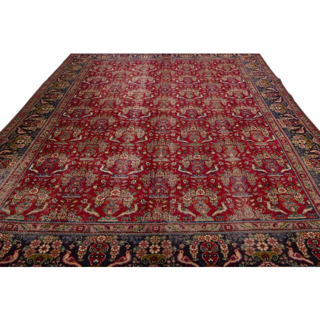 Persian 20th Century Antique Persian Tabriz Handmade Red Wool Rug With Allover Pattern For Sale - Image 3 of 9