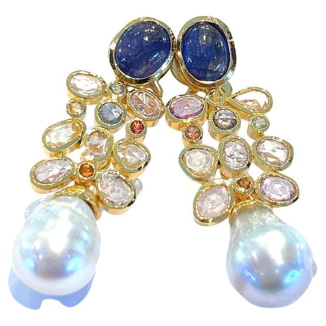 Bochic "Capri" Vintage Rose Cut Sapphires & South Sea Earrings 18K Gold & Silver For Sale - Image 17 of 18