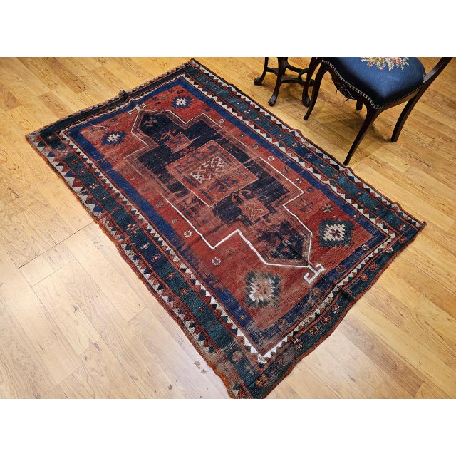 Antique Fachralo Kazak Prayer Rug, Handwoven Wool, Persimmon & Green, 4' x 6' For Sale - Image 4 of 18