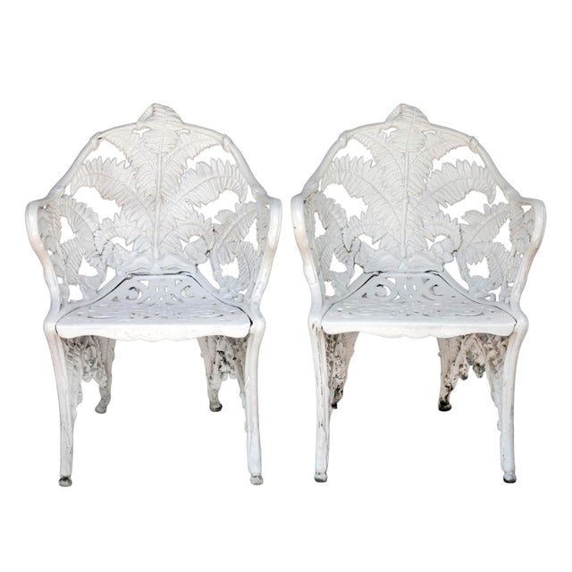 American Pair of Antique White Cast Iron Garden Chairs For Sale - Image 3 of 11