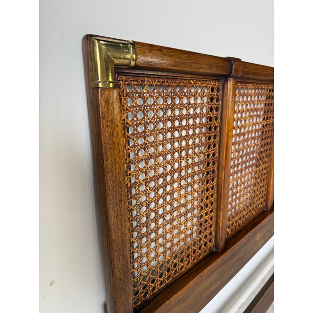 Vintage Drexel Furniture Accolade Cane Campaign Queen Headboard With Brass Corners For Sale - Image 10 of 11