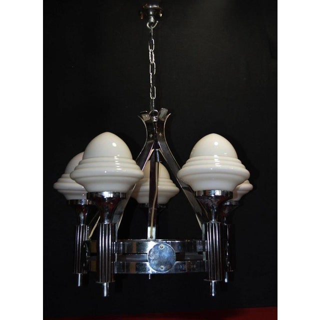Art Deco French Five-Light Chrome, Bakelite & Opaline Glass Chandelier, 1930s For Sale - Image 10 of 18