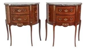 Pair of Vintage French Louis XVI Style Demilune Console Tables With Marble Tops