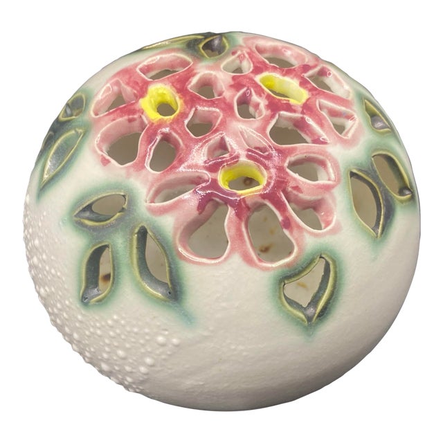 Vintage 1989 Signed 5” Clouds Folsom Pottery Flower Frog Potpourri Floral Cutout For Sale