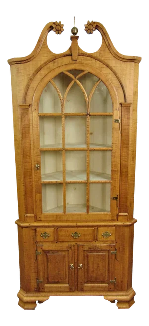 Chippendale Benchmade Tiger Maple Corner Cabinet