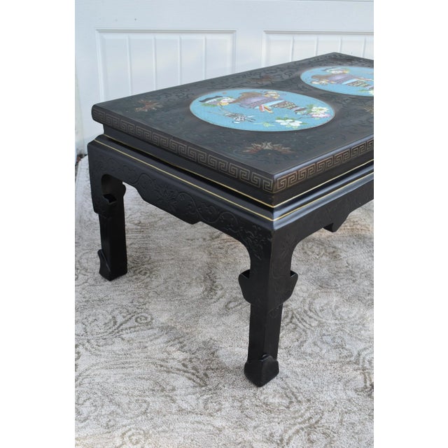 Wood Coffee Table Painted Black Lacquer Chinese Cloisonne Enamel Panels 36" For Sale - Image 11 of 12