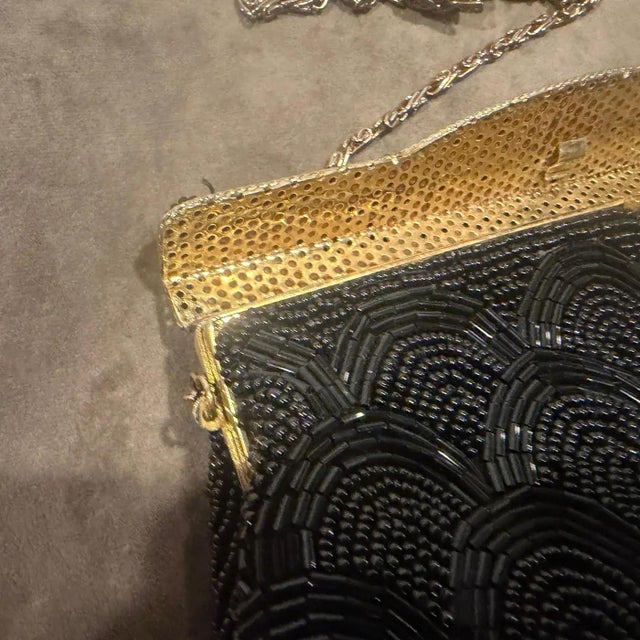 1940s High Quality Black Beads and Brass French Evening Bag For Sale - Image 10 of 18