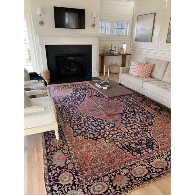 Rustic Majestic Navy & Pink Antique Persian Ferehan Sarouk - 9′10″ × 12′11″ For Sale - Image 3 of 13