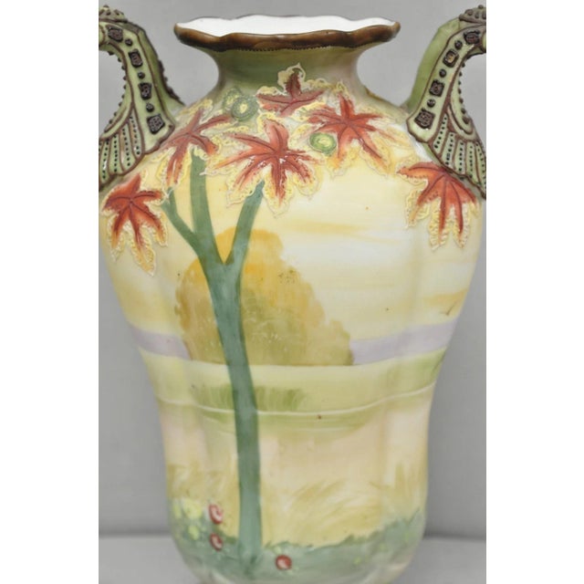 Antique Nippon Hand Painted Porcelain Moriage Twin Handle Countryside Scene Vase For Sale - Image 13 of 18