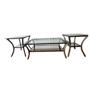 1980s Fortunoff Glass & Bronze End Tables & Coffee Table, Atrributed For Sale