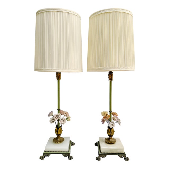 Vintage Hollywood Regency Porcelain Flower Table Lamps With Alabaster Bases by Almco - A Pair For Sale