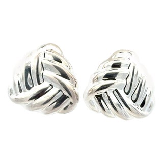1990s Pair of Tiffany & Co Puffed Omega Back Earrings Non Pierced Sterling Silver Estate For Sale