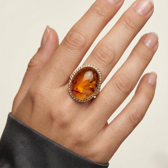 Classic vintage 14K yellow gold ring featuring a warm oval amber center, showcasing rich golden tones and natural...