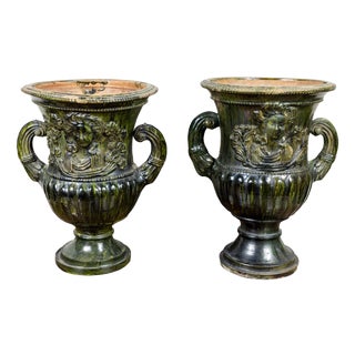 Rare, 19th C., Sicilian, Green Glazed Urns - A Pair For Sale
