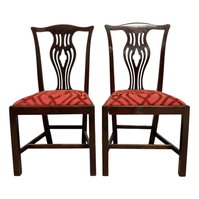 Pair of Traditional Mahogany Finish Dining Chairs W/ Upholstered Seats For Sale