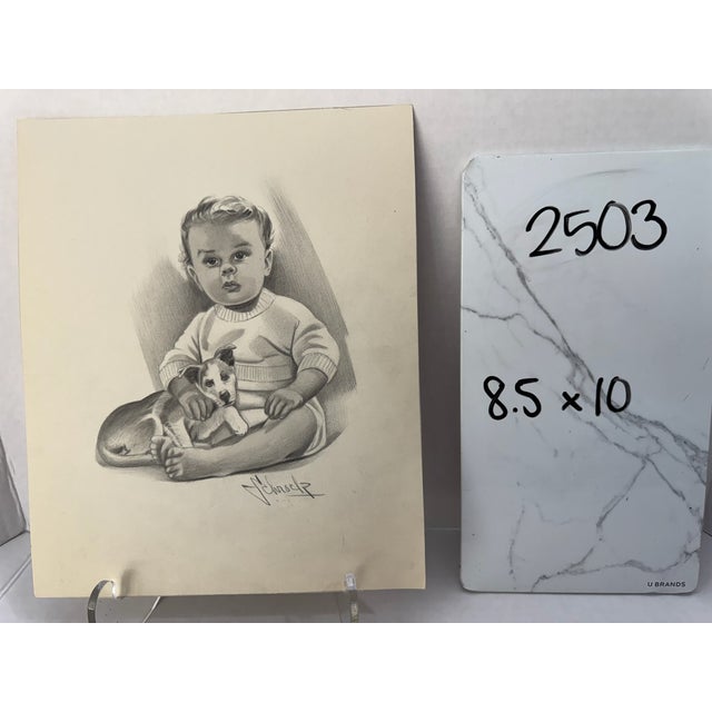 1940s Original Signed Graphite Illustration of Child Holding Puppy, 10 × 8.5 In. For Sale In Atlanta - Image 6 of 6