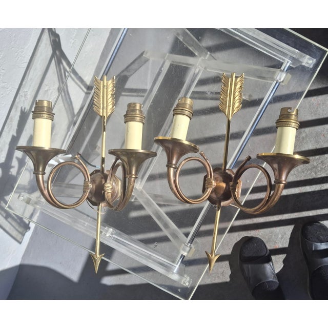 Traditional 19thc French Empire Neoclassic Bronze Horn/ Arrow 2 Light Sconces a - Pair For Sale - Image 3 of 17