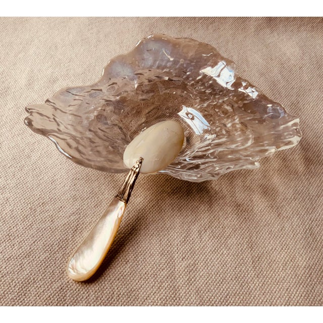 1950s Mid 20th Century Crystal Oyster Shell Caviar Dish With Full Mother-of-Pearl & Engraved Silver Spoon For Sale - Image 5 of 5