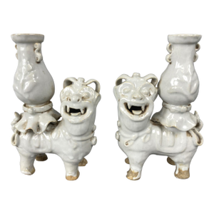 Antique 19th Century Chinese Blanc De Chine Porcelain Joss Stick Holders - Foo Dogs or Lions With Vases on Their Backs - A Pair