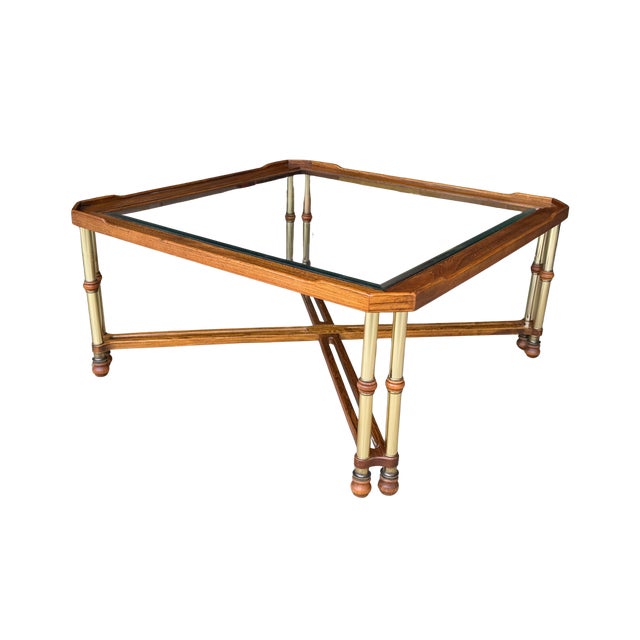 Wood Vintage Faux Bamboo Brass & Glass Coffee Table | Hollywood Regency Chinoiserie Cocktail Table | Campaign Style Designer Square Coffee Table For Sale - Image 7 of 13