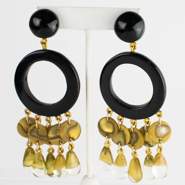 Black Dominique Denaive Black and Pearlized Gold Acrylic Clip Earrings For Sale - Image 8 of 8