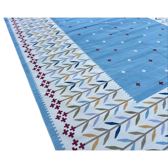 Cream Handmade Cotton Rug, Natural Vegetable Dyed Cream, Blue, Beige and Red Leaf Rug - 9'x12' For Sale - Image 8 of 10