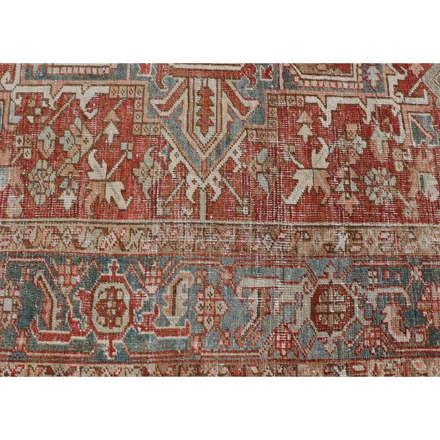 Early 20th Century Antique Heriz Rug With All-Over Medallion Design in Red, Blue, Pink, Tan & Brown For Sale - Image 10 of 13