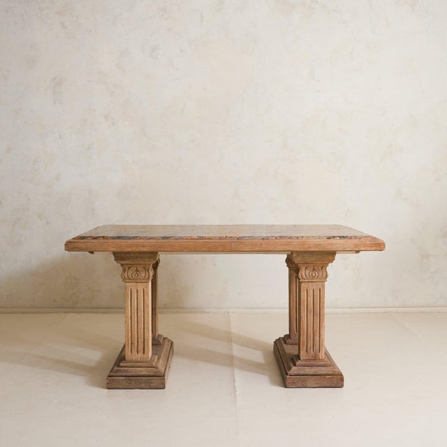 French Neoclassical Revival Oak + Pink Granite Top Desk, 1940s For Sale - Image 4 of 11