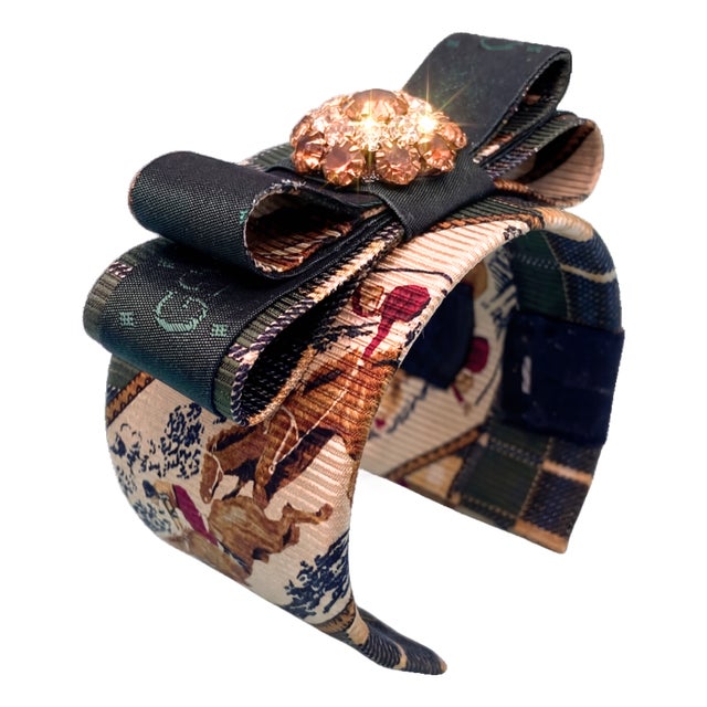 Gucci Gg Equestrian Vintage Silk Necktie Cuff Bracelet For Sale