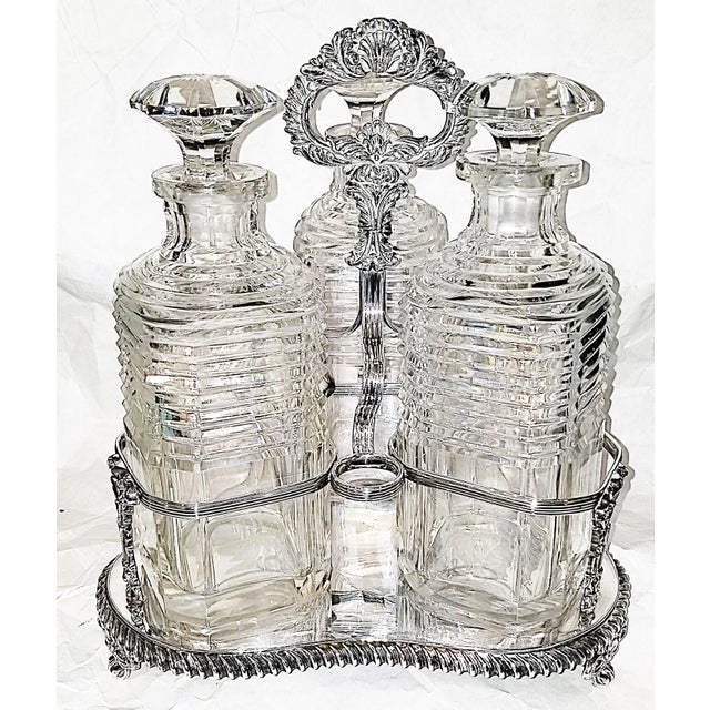 Traditional 1900s Georgian Cut Crystal Decanter Triple Set Tantalus - 4 pcs For Sale - Image 3 of 12