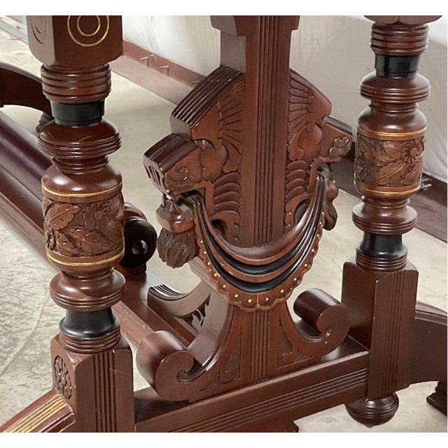 Antique Renaissance Revival Carved Walnut Library Table / Writing Desk — Leather Top For Sale - Image 4 of 8