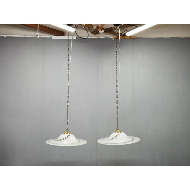 Italian Opaline Murano Glass and Brass Pendant Lights, 1970s, Set of 2 For Sale - Image 12 of 16