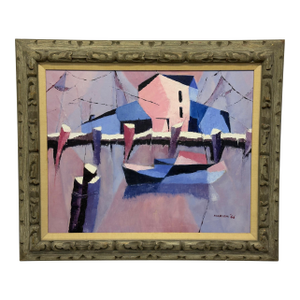 Mid-Century Semi-Abstract Acrylic on Canvas Painting, Marion ‘66