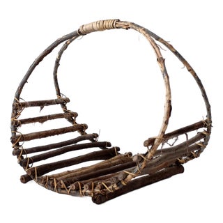 Vintage Rustic Twig Basket With Arched Handle For Sale