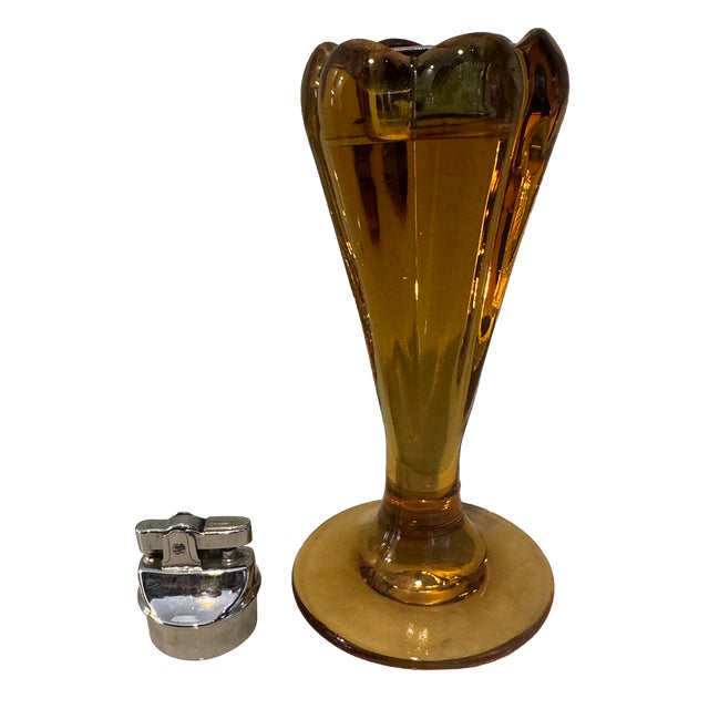 Metal Mid-Century Amber Glass Table Lighter Sculptural Pedestal Form For Sale - Image 7 of 12