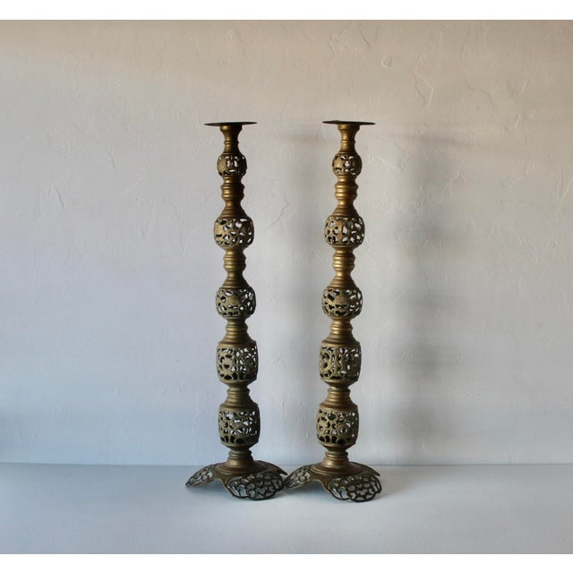 Vintage Altar Size Pierced Brass Floor Candlestick Holders Ornate Reticulated Design Mid Century For Sale - Image 9 of 15