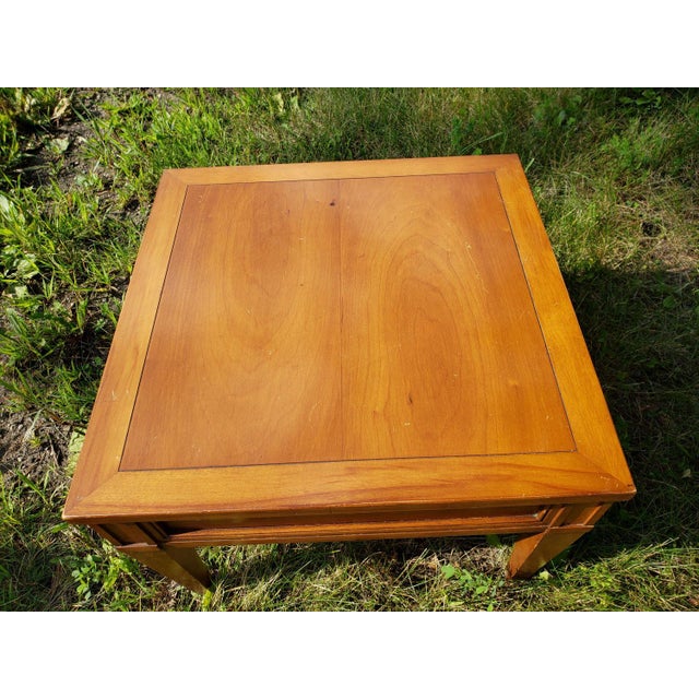 Mid-Century modern, neo-classical brown wood side table does not have a brand or other markings Height 15” | square top:...