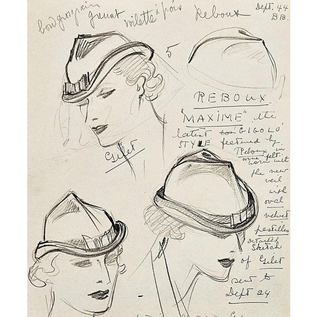 C1935 Set of 2 French Original Hat Design Fashion Drawings for Reboux, Suzy For Sale - Image 4 of 5