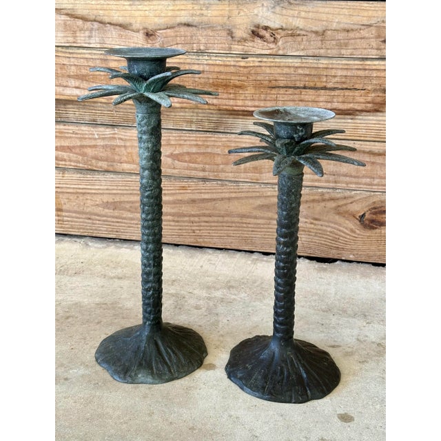Metal Pair Vintage Coastal Rustic Metal Palm Tree Staggering Candlestick Holders For Sale - Image 7 of 11