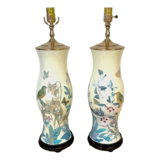 Pair of English Decoupage Yellow-Ground Bird & Botanical Lamps, circa 1970s For Sale