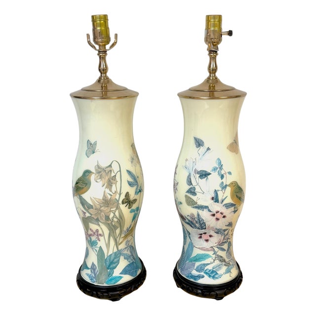 Pair of English Decoupage Yellow-Ground Bird & Botanical Lamps, circa 1970s For Sale