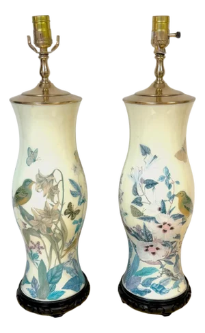 Pair of English Decoupage Yellow-Ground Bird & Botanical Lamps, circa 1970s