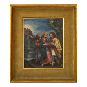 18th Century Italian Old Master Tempera on Panel Painting "Jesus Road to Emmaus" Circa 1700