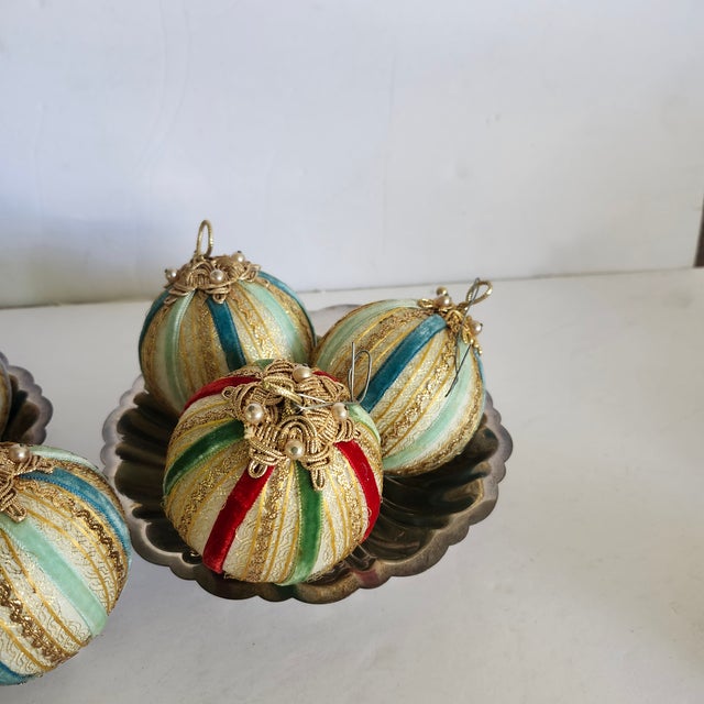 Late 20th Century Vintage Set of 7 Ribbon Beads Christmas Ornaments Greens, Reds, Blues For Sale - Image 5 of 5