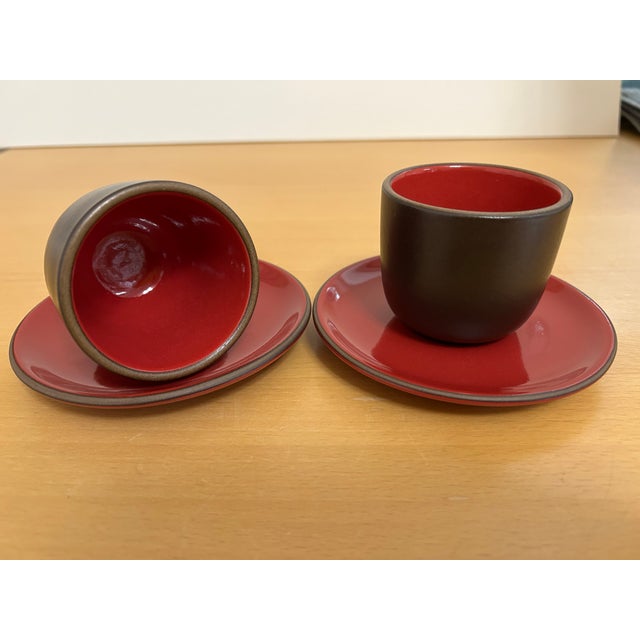 Mid-Century Modern Heath Ceramics Small Cups and Saucers Glossy Red/Chocolate Brown For Sale - Image 3 of 6