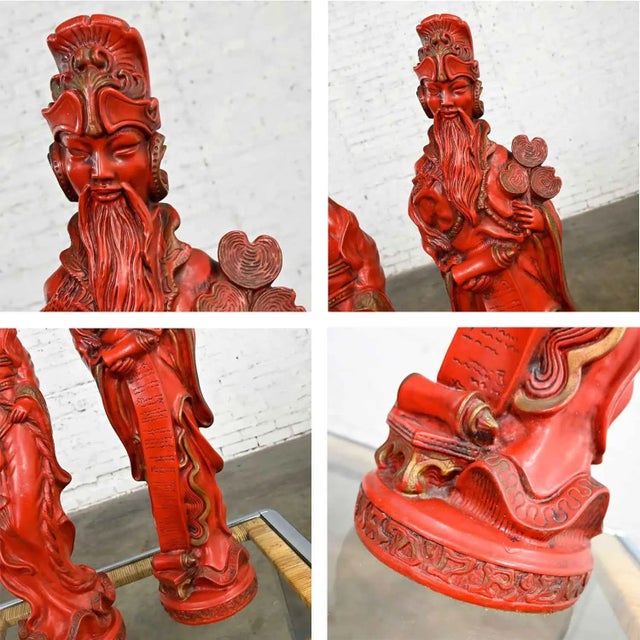 Vintage Asian Style Chinoiserie Faux Cinnabar Large Red Decorative Statues Male & Female For Sale - Image 9 of 13