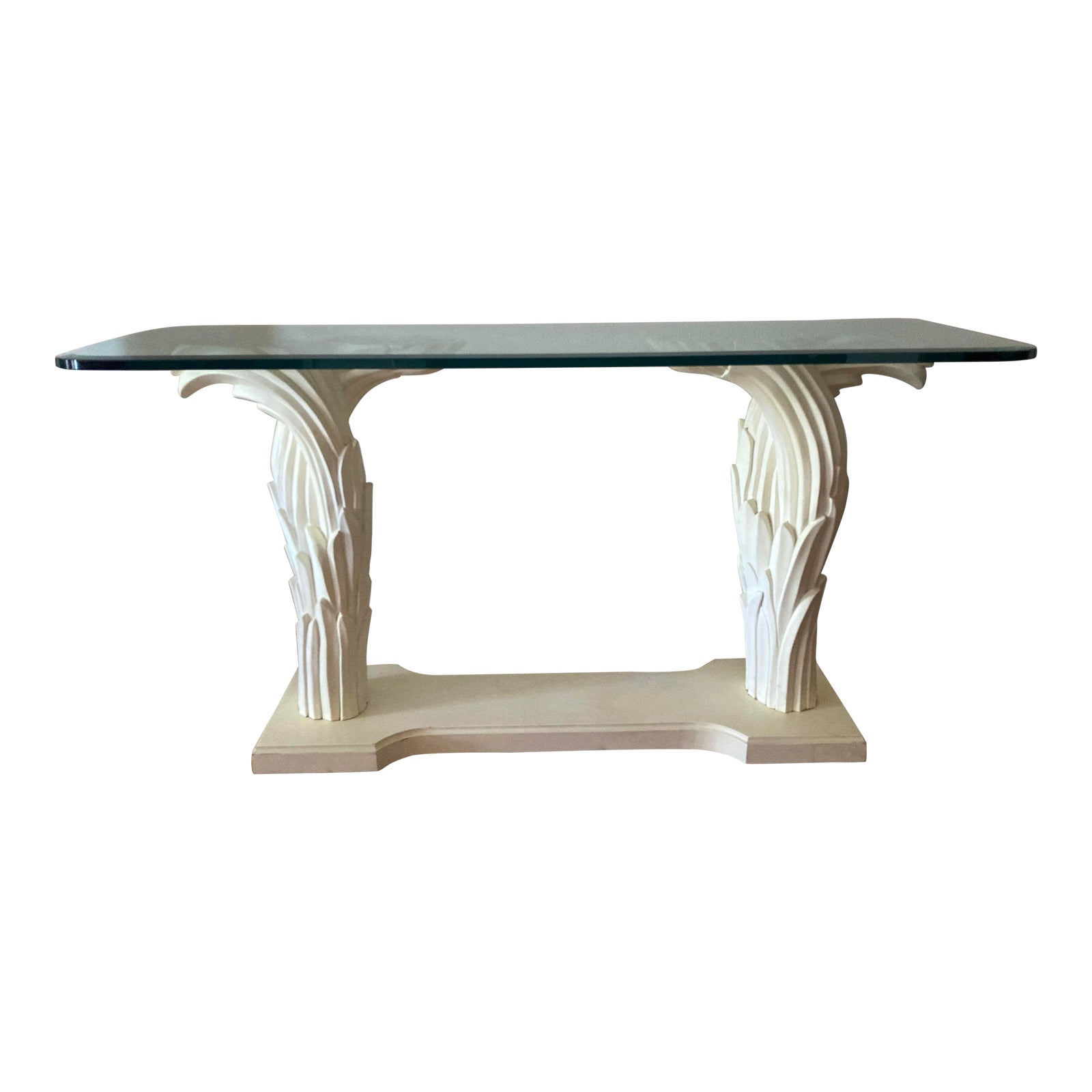 Serge Roche Double Palm Blanc Console With Thick Glass Top | Chairish
