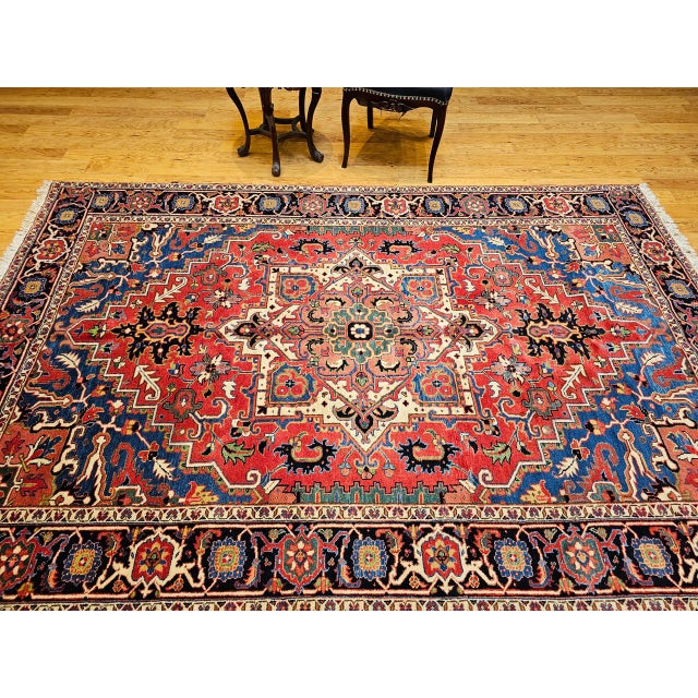 Red Vintage Heriz Serapi Rug, Hand-Knotted Wool, Geometric Pattern, Red & Navy, 6x9 For Sale - Image 8 of 18